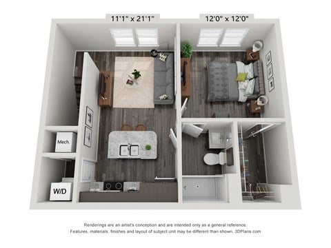 Floor plan for 1 bed, 1 bath, 601 sqft